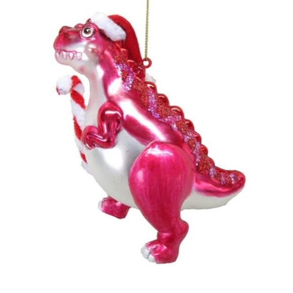December Diamonds 79-81375 5" Pink Dinosaur Glass Christmas Ornament Candy Cane - Picture 1 of 1
